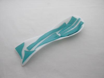 SR12075 - White with Abstract Lt. Aquamarine Large Spoon Rest